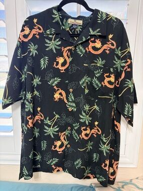 Tommy Bahama Black Camp Shirt with Orange Dragon & Green Palm Print Size Large